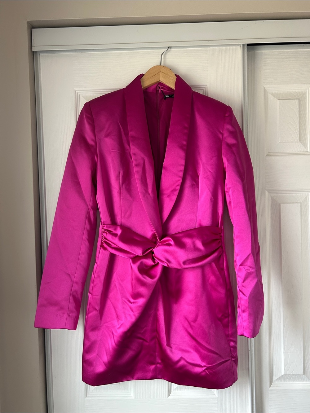 Fuchsia Satin Knot-Front Blazer Dress